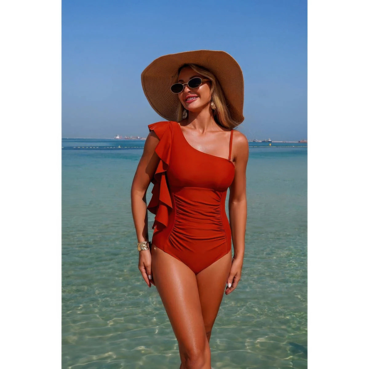 Amaterasu Solid Asymmetric Shoulder Ruffle Swimsuit — view 6