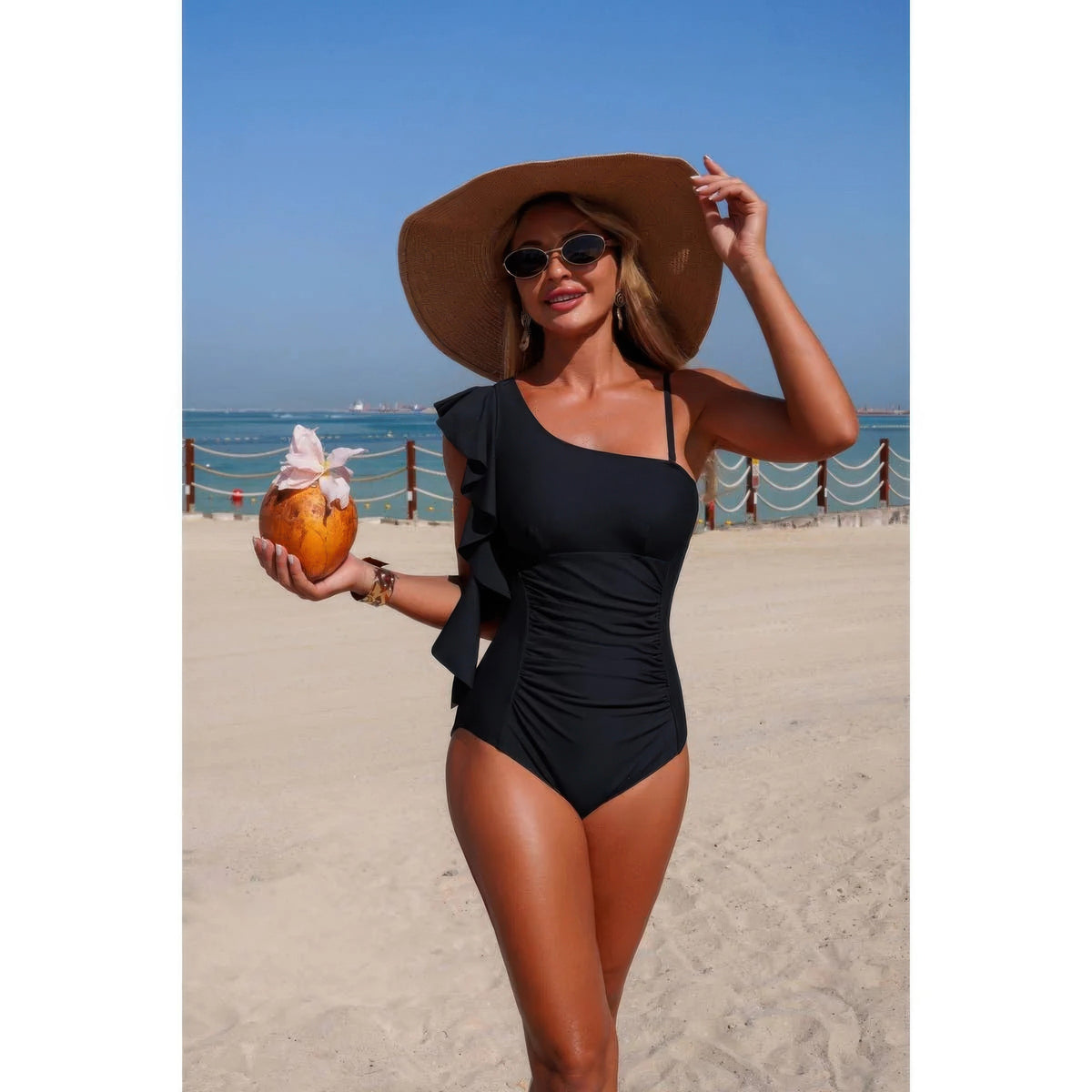 Amaterasu Solid Asymmetric Shoulder Ruffle Swimsuit — view 11
