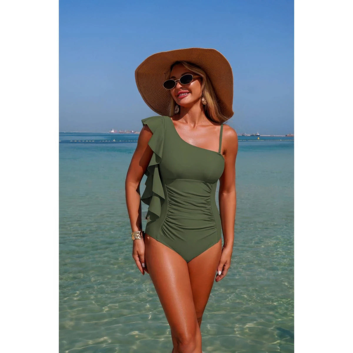 Amaterasu Solid Asymmetric Shoulder Ruffle Swimsuit — view 13