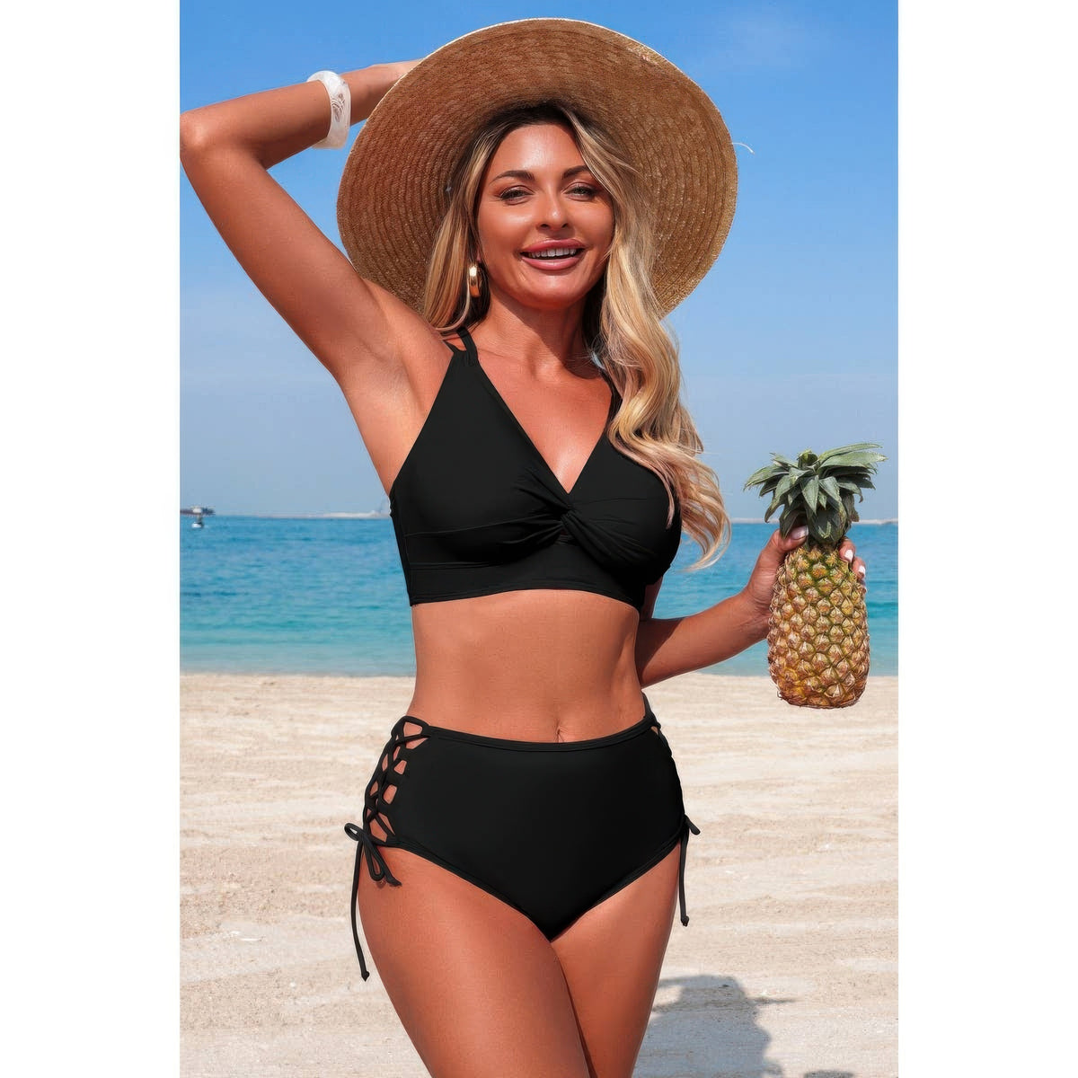Diana Two Piece High Waisted V Neck Cross Side Biniki — view 12