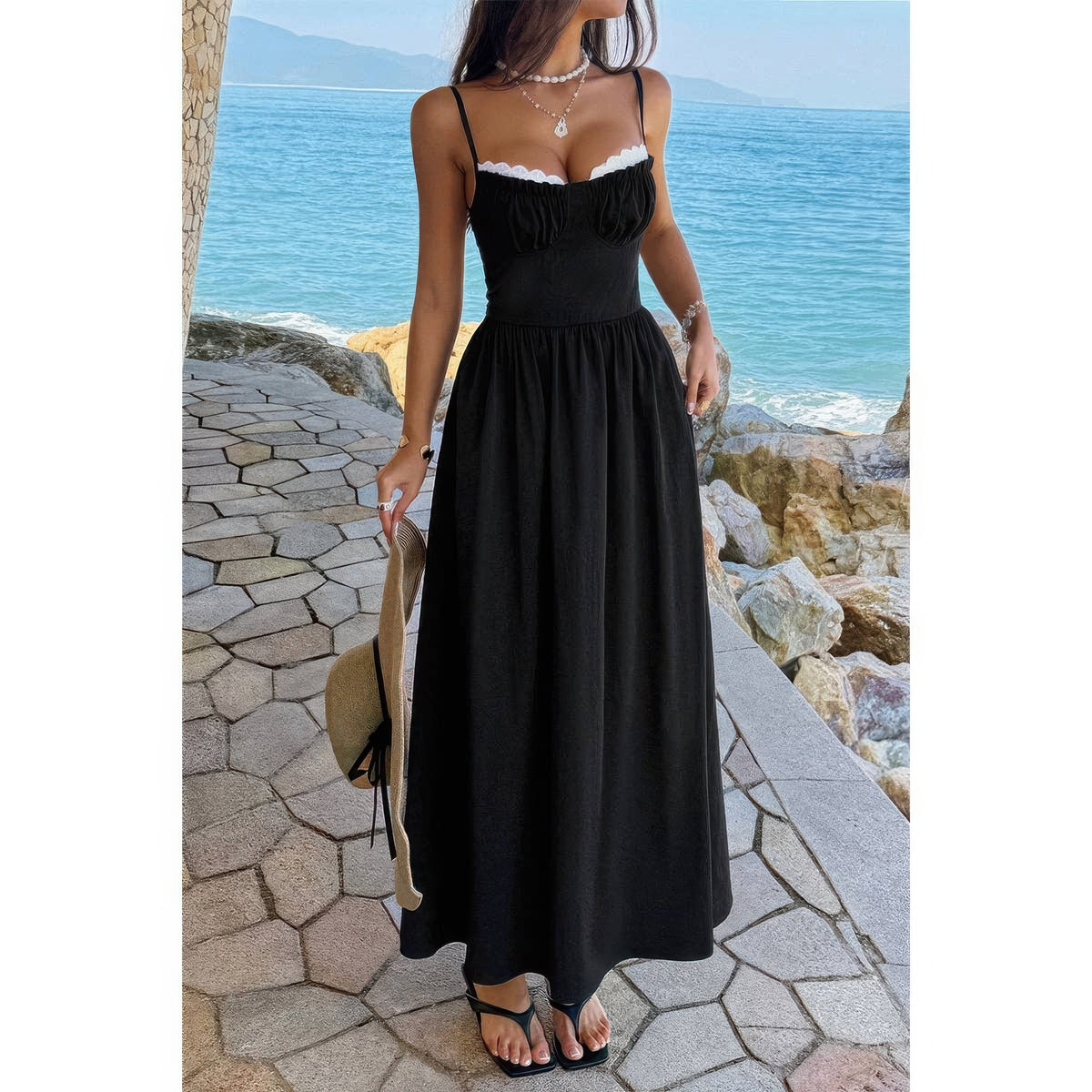 Morrigan Contrast Color Lace Spaghetti Strap Long Dress — view 2