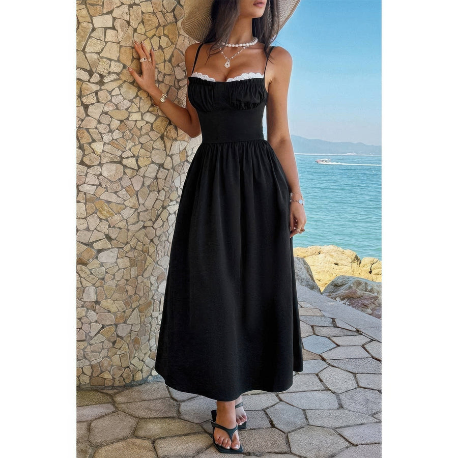 Morrigan Contrast Color Lace Spaghetti Strap Long Dress styled in the studio