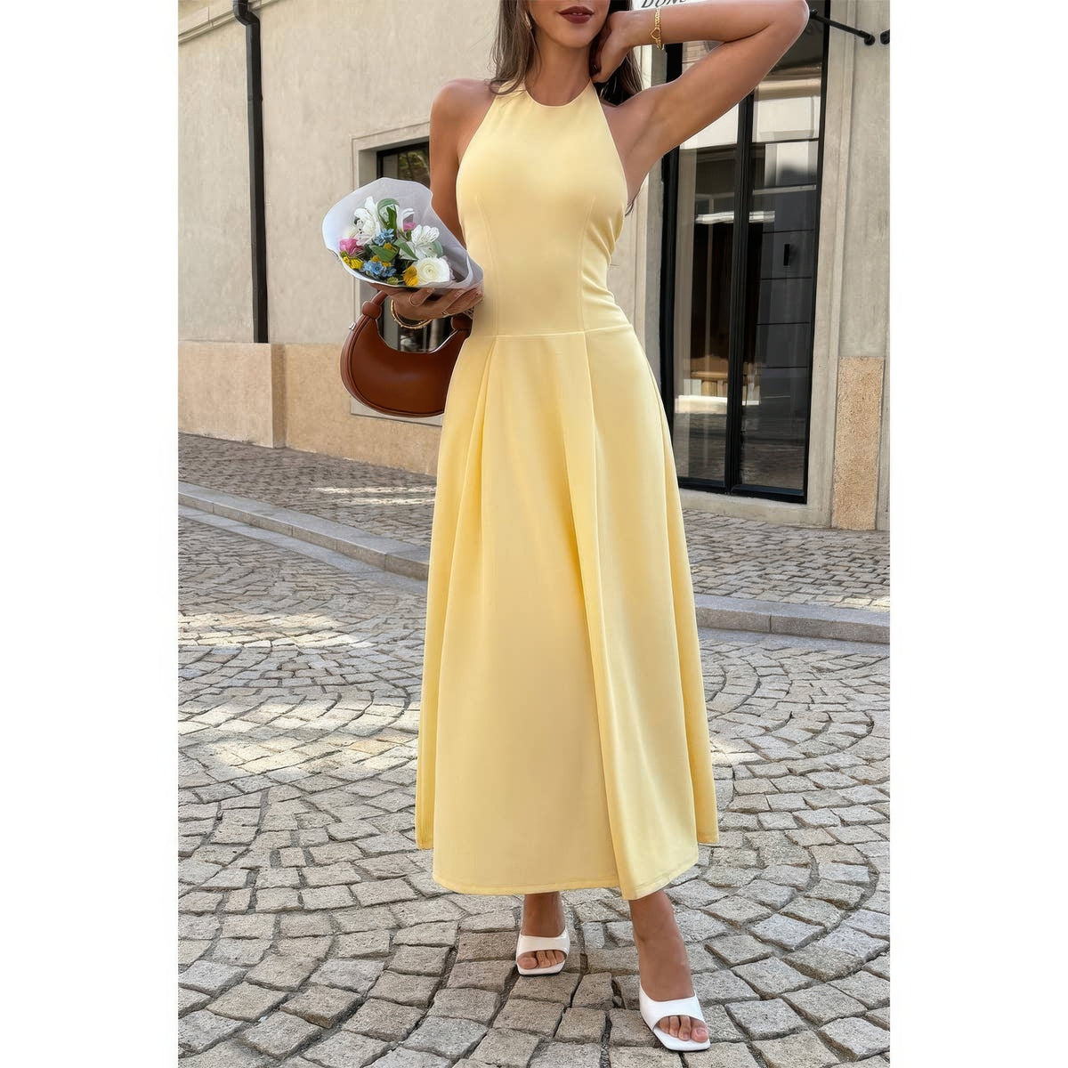 Eos Halter Solid Dropped Hem Midi Dress — view 1