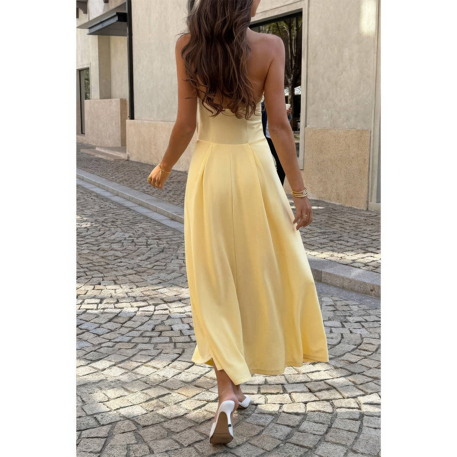 Eos Halter Solid Dropped Hem Midi Dress styled in the studio