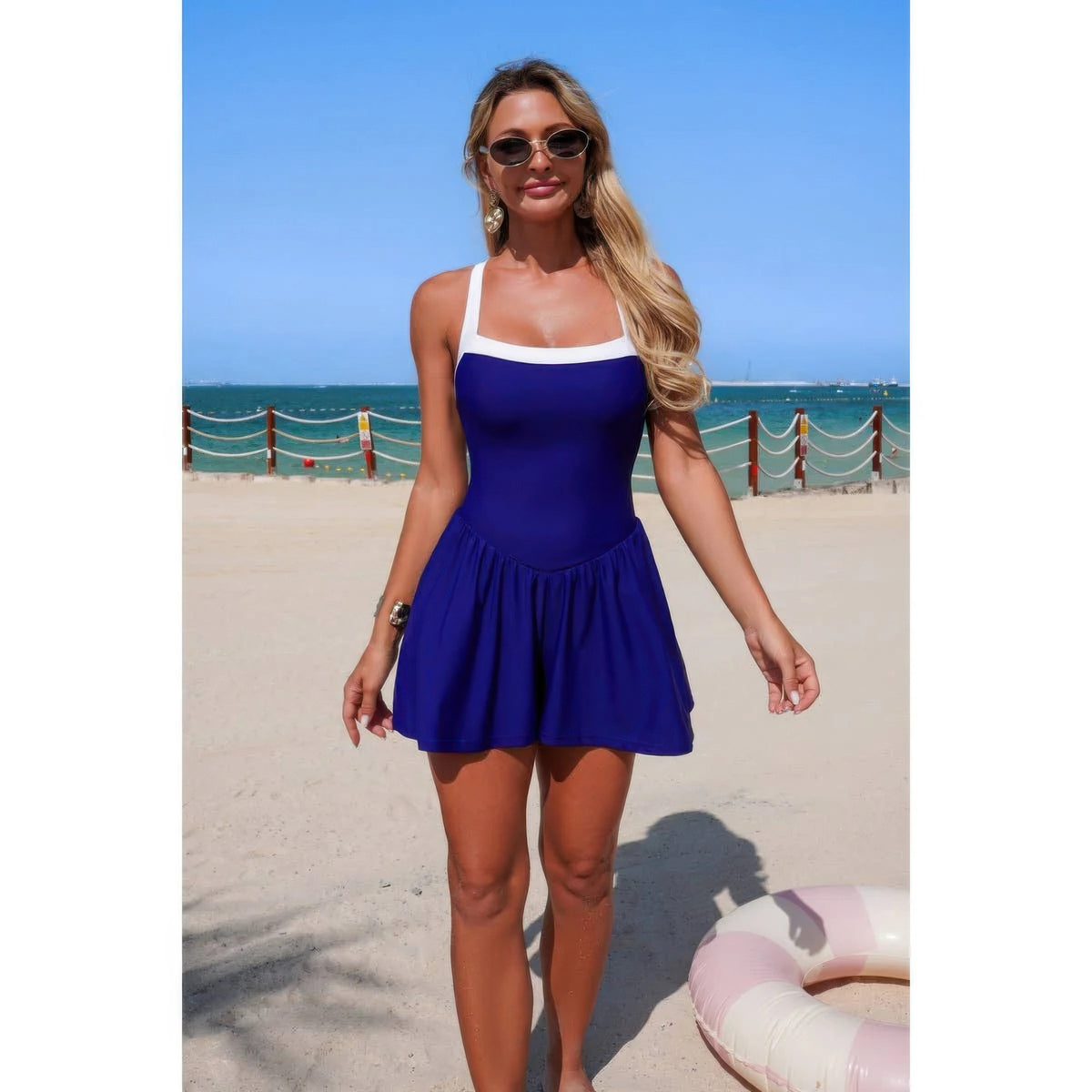 Diana One Piece Solid Elastic Sleeveless Skirt Swimsuit — view 8