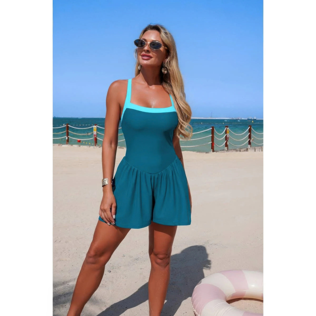 Diana One Piece Solid Elastic Sleeveless Skirt Swimsuit — view 10