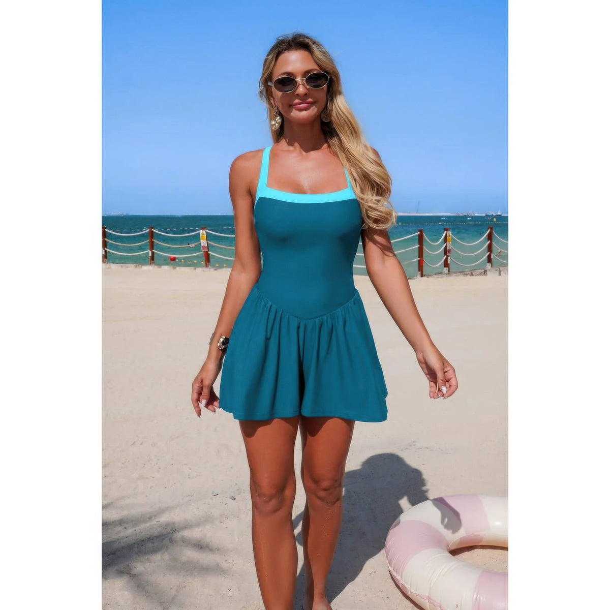 Diana One Piece Solid Elastic Sleeveless Skirt Swimsuit — view 11