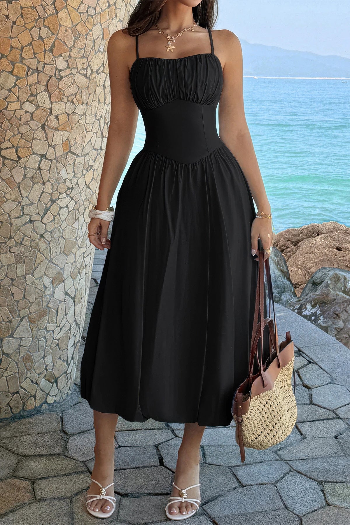 Ishtar Solid Sleeveless Ruched Bust A Line Dress — view 1