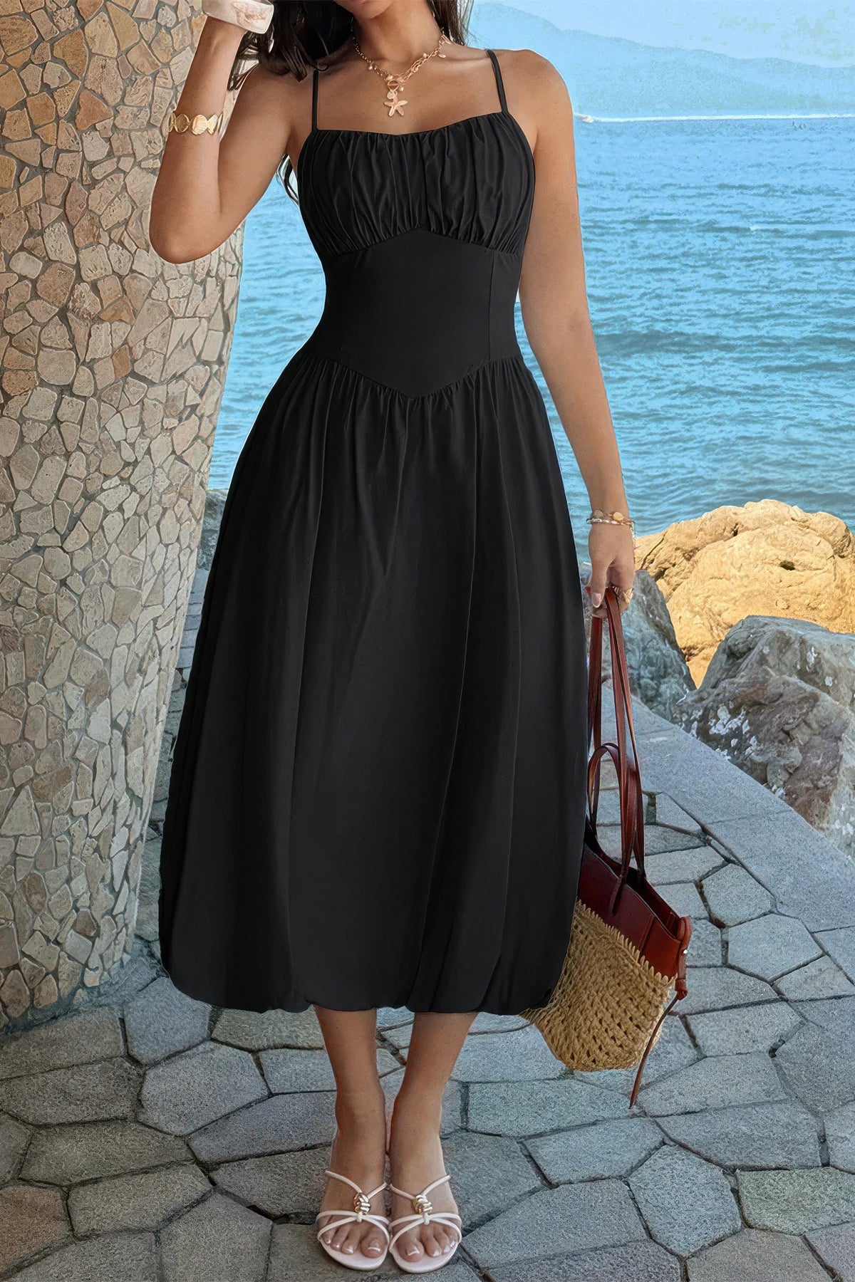 Ishtar Solid Sleeveless Ruched Bust A Line Dress — view 2