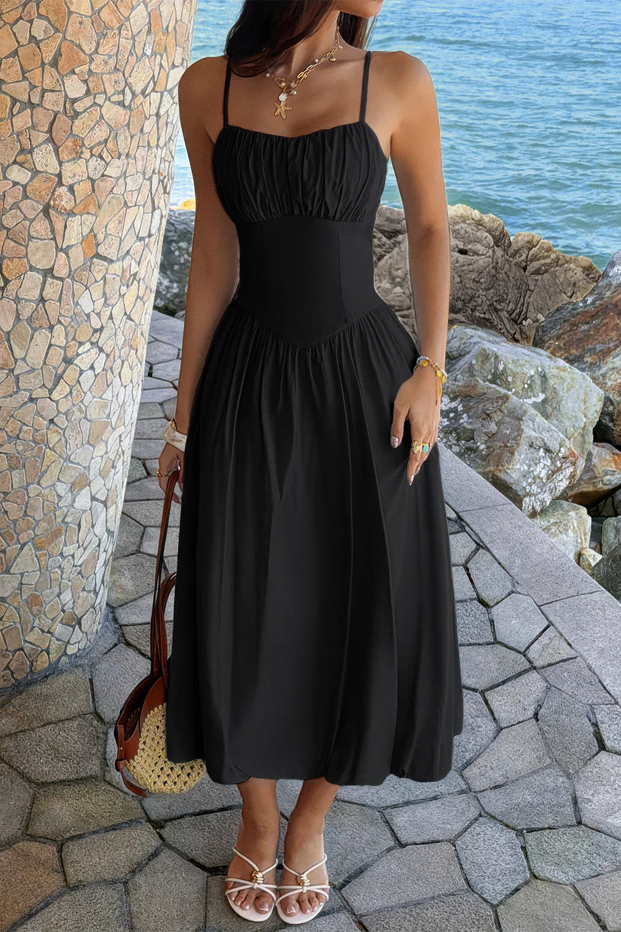 Ishtar Solid Sleeveless Ruched Bust A Line Dress styled in the studio