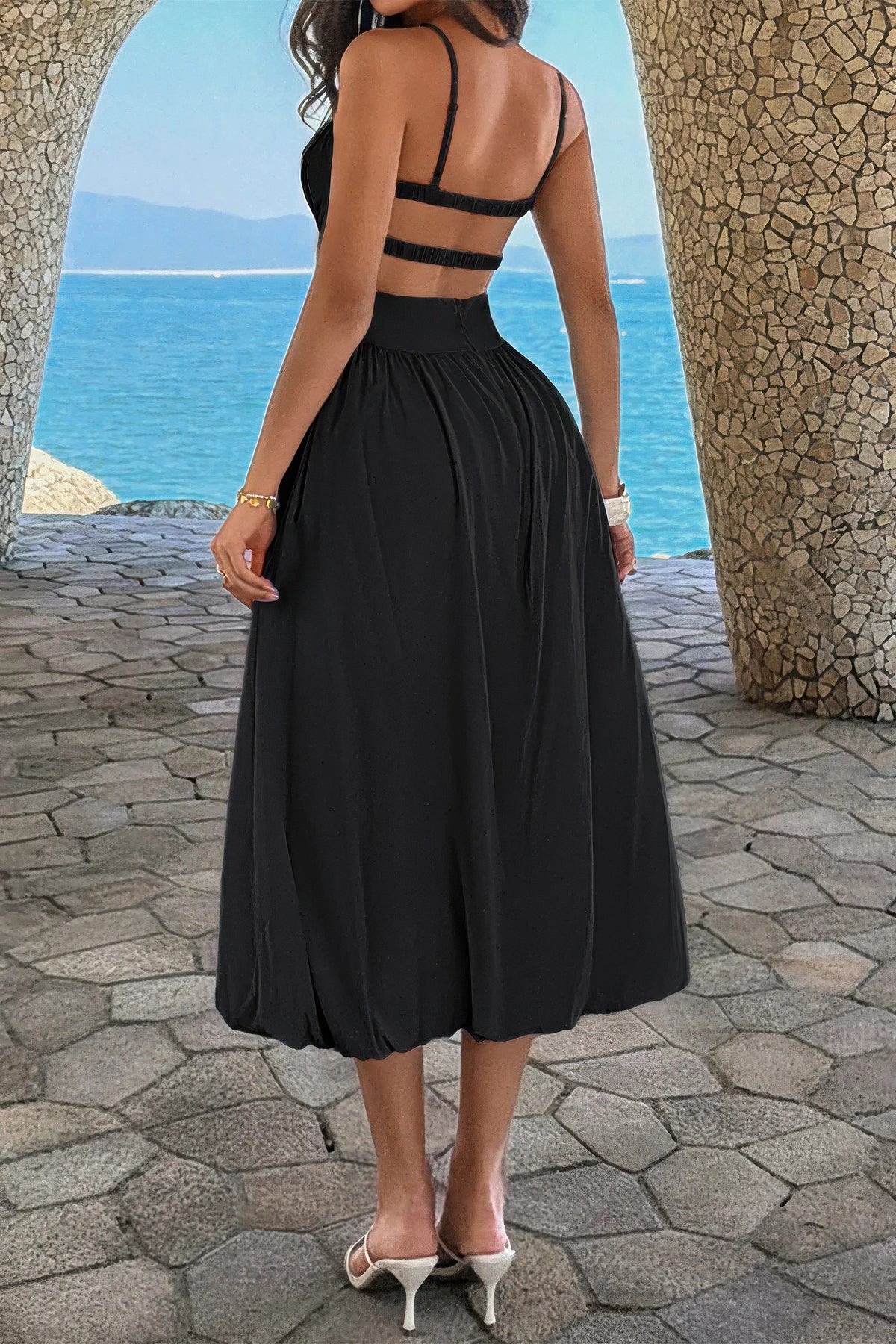 Ishtar Solid Sleeveless Ruched Bust A Line Dress — view 4