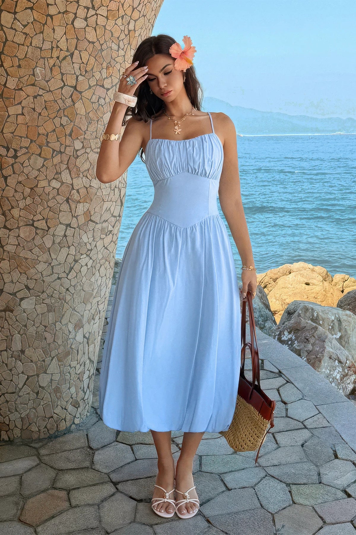 Ishtar Solid Sleeveless Ruched Bust A Line Dress — view 7