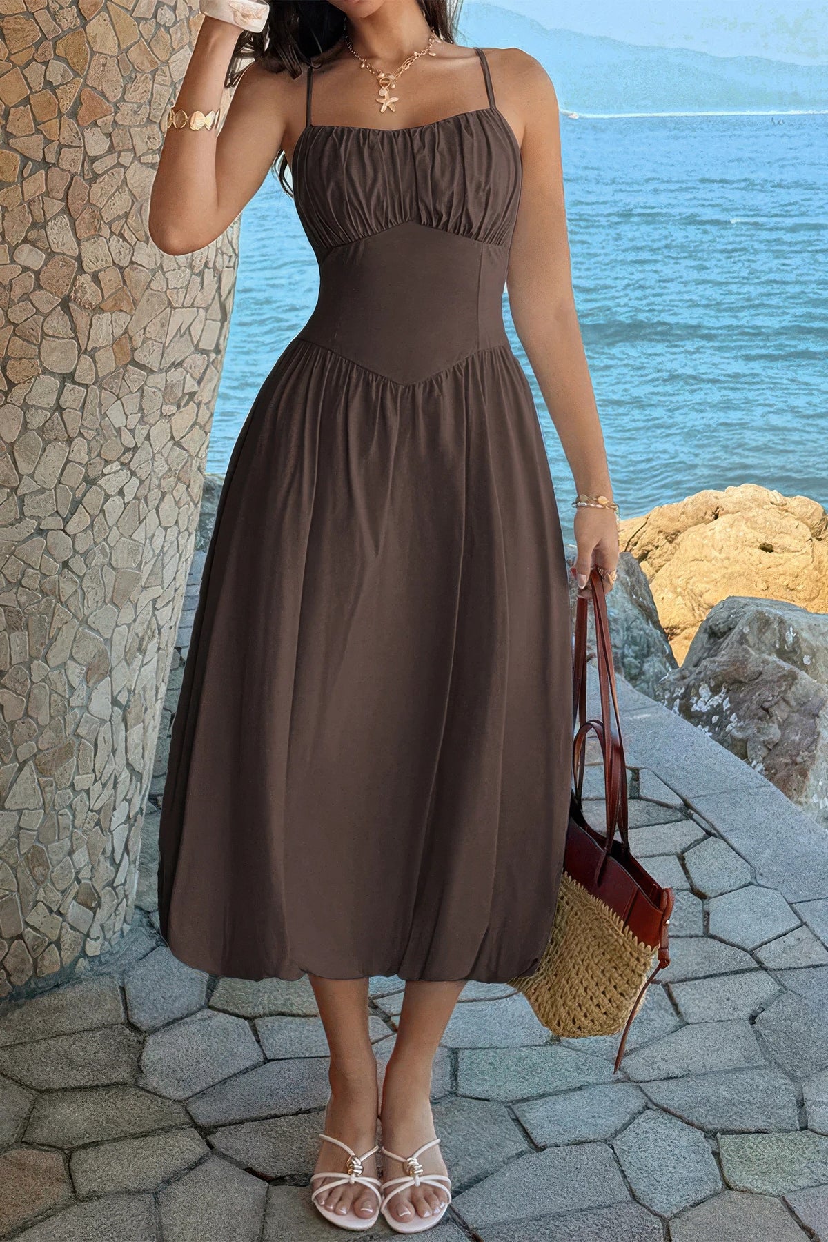 Ishtar Solid Sleeveless Ruched Bust A Line Dress — view 8