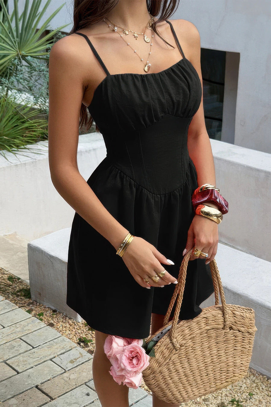Eos Sleeveless Lace Trim Corset Mini Dress styled in the studio
