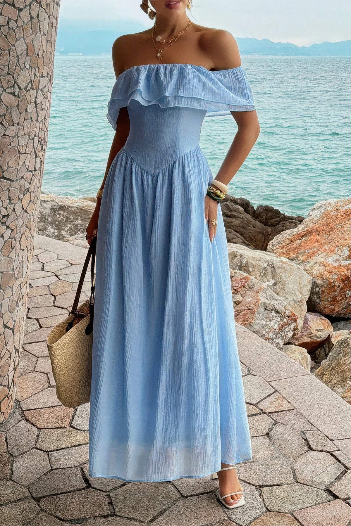 Juno Solid Off Shoulder Corset Ruffle Long Dress — view 1