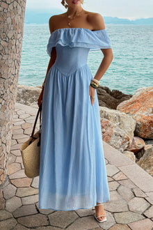 Juno Solid Off Shoulder Corset Ruffle Long Dress — thumbnail 1