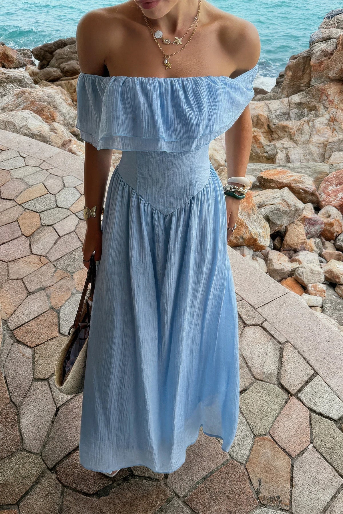 Juno Solid Off Shoulder Corset Ruffle Long Dress — view 4
