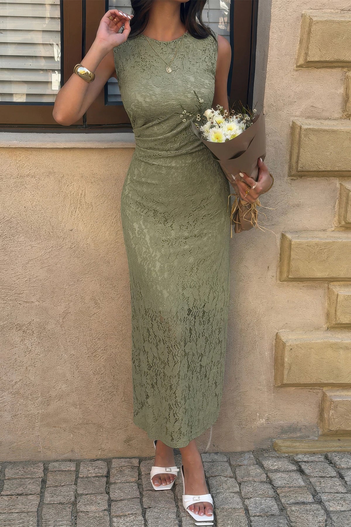 Juno Solid Refined Cocktail Party Lace Midi Ruched Waist Dress — view 10