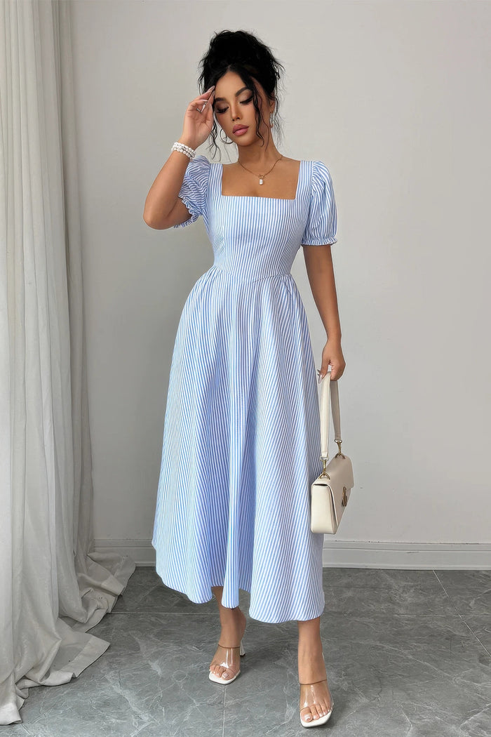 Rhea Square Neck Puff Sleeve Backless Bow Tied Striped Flowy Dress
