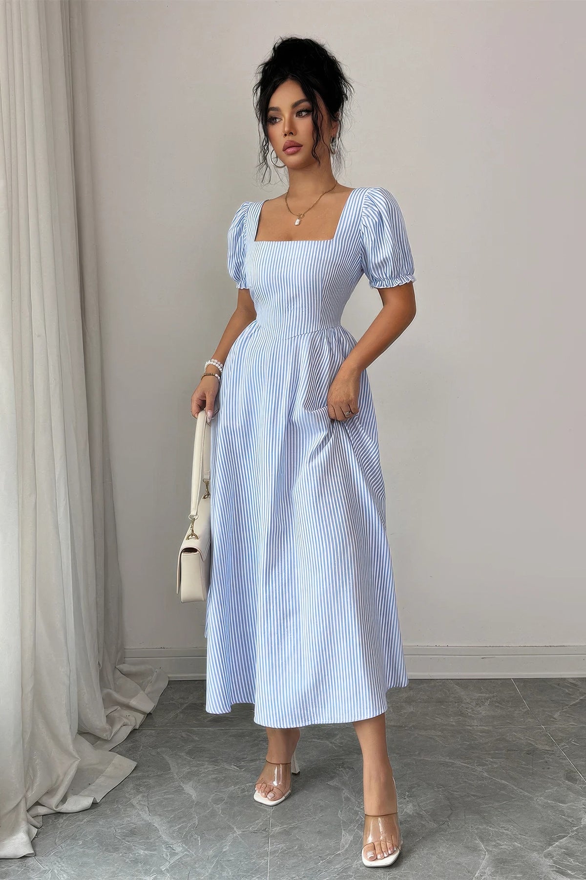 Rhea Square Neck Puff Sleeve Backless Bow Tied Striped Flowy Dress — view 2