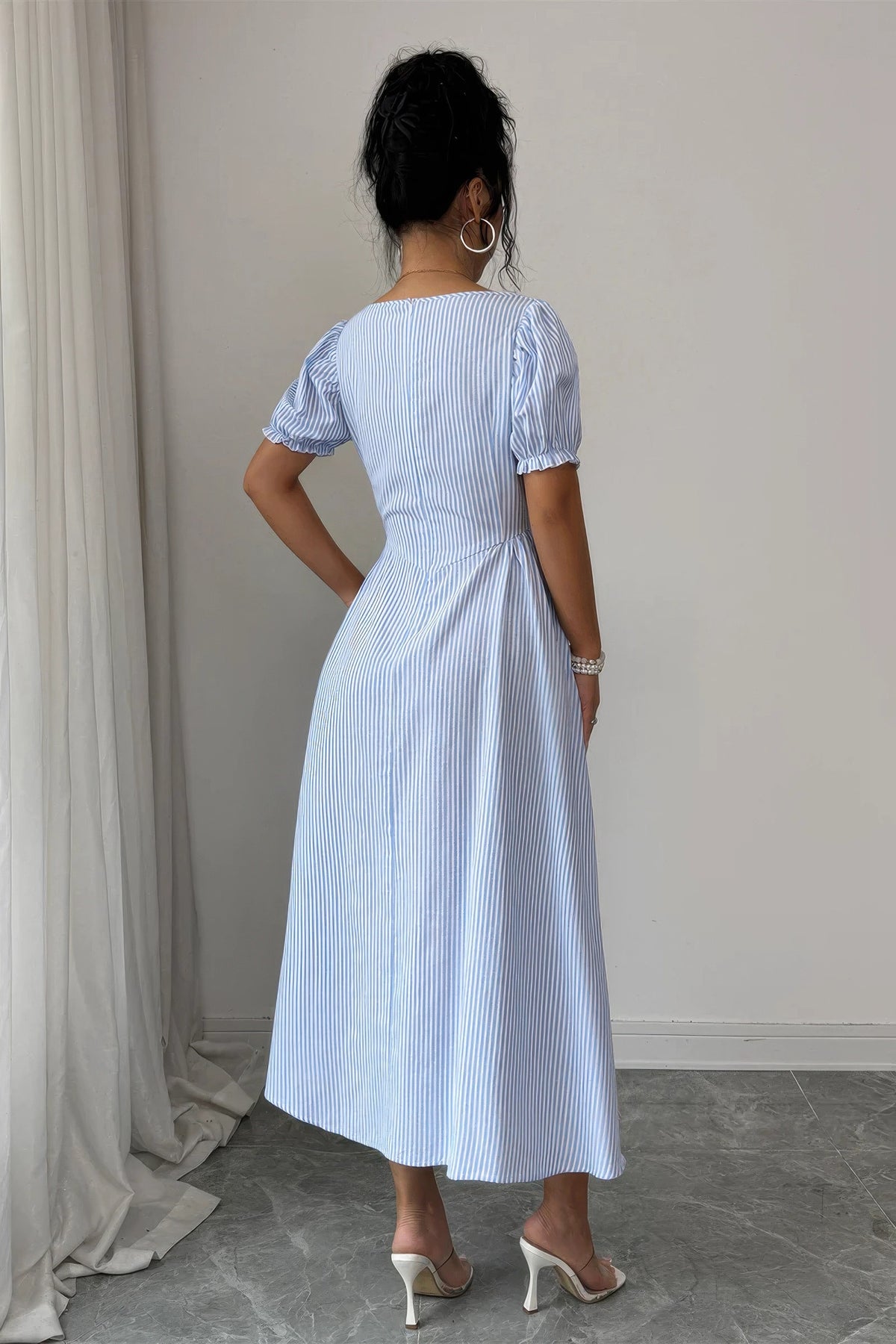 Rhea Square Neck Puff Sleeve Backless Bow Tied Striped Flowy Dress — view 5