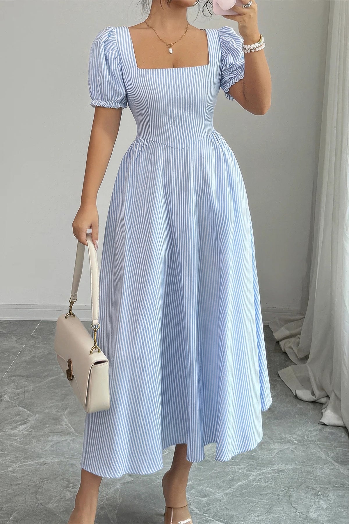 Rhea Square Neck Puff Sleeve Backless Bow Tied Striped Flowy Dress — view 6
