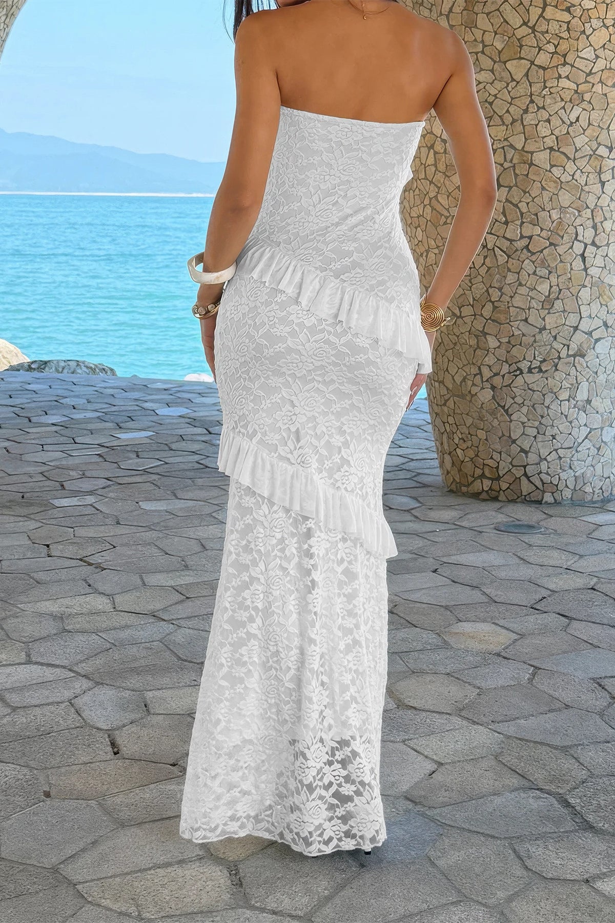 Juno Solid Off Shoulder Bodycon Lace Maxi Dress — view 5