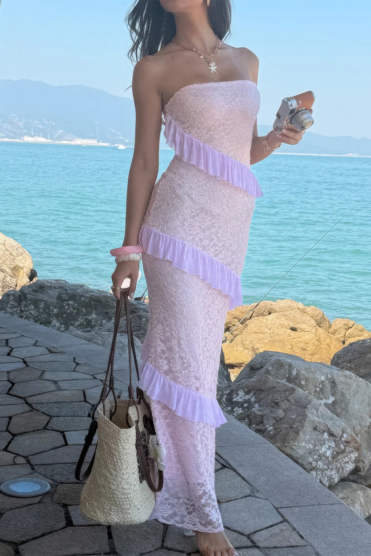 Juno Solid Off Shoulder Bodycon Lace Maxi Dress — view 8
