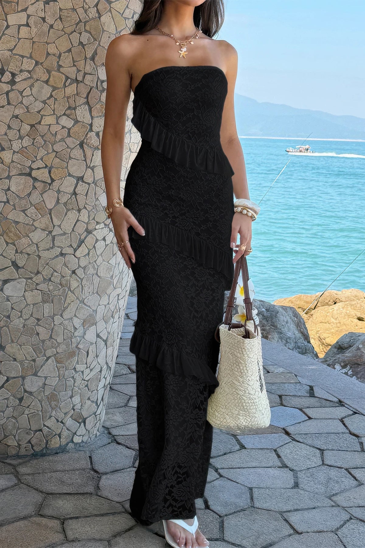 Juno Solid Off Shoulder Bodycon Lace Maxi Dress — view 11