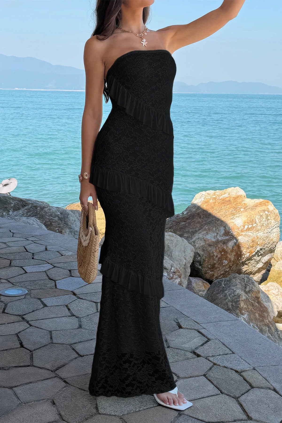 Juno Solid Off Shoulder Bodycon Lace Maxi Dress — view 13