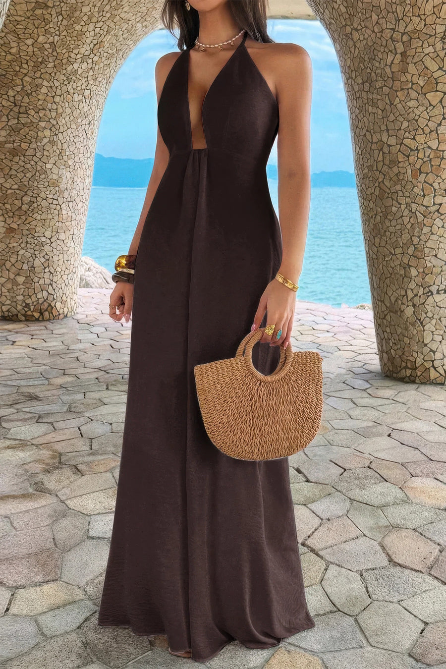 Isis Halter Solid Hide Zipper A Line Maxi Dress styled in the studio