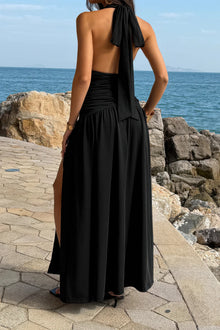 Ishtar Halter Deep V Neck High Slit Ruched Maxi Dress — thumbnail 4