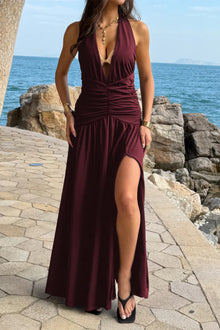 Ishtar Halter Deep V Neck High Slit Ruched Maxi Dress — thumbnail 5