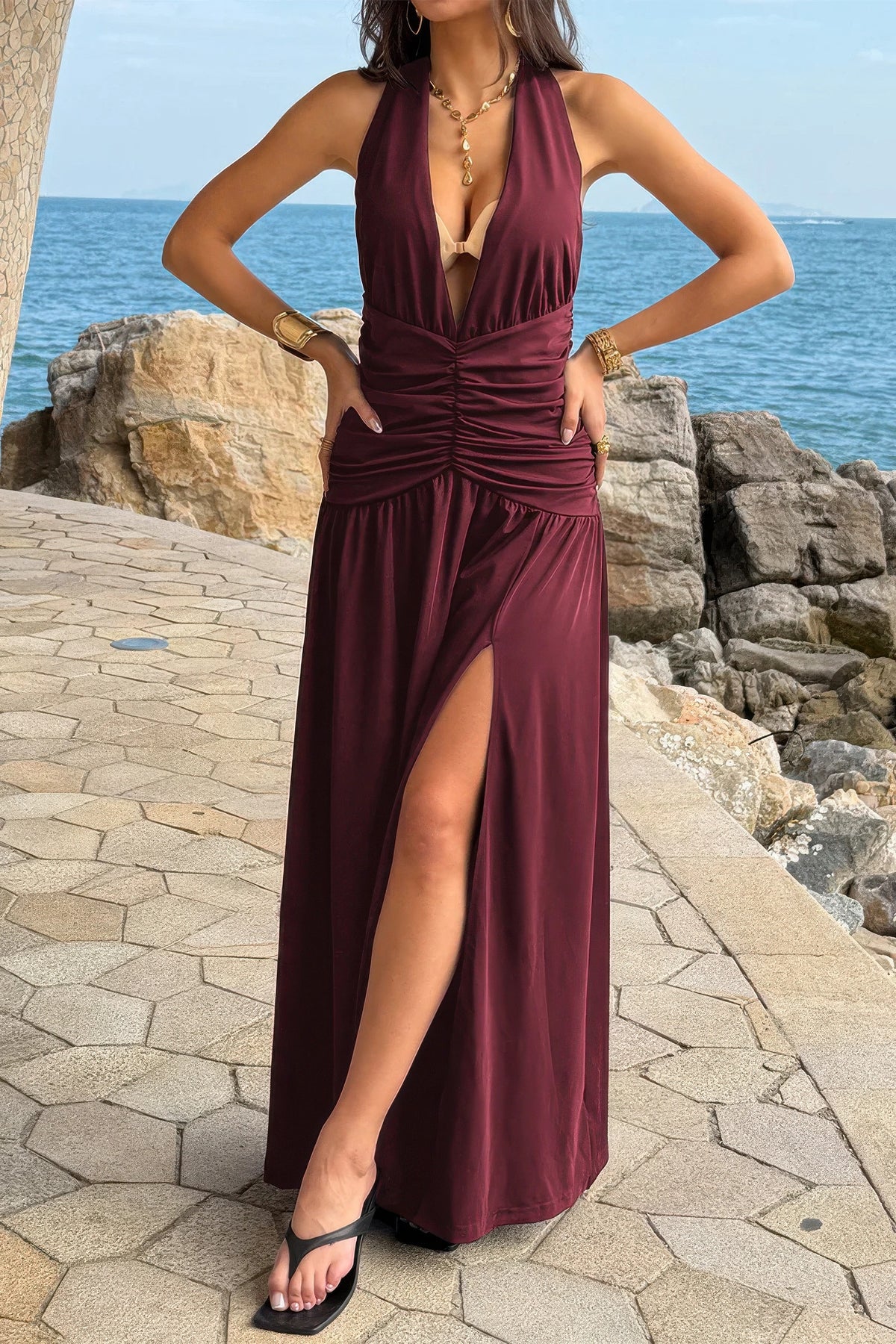 Ishtar Halter Deep V Neck High Slit Ruched Maxi Dress — view 6