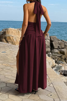 Ishtar Halter Deep V Neck High Slit Ruched Maxi Dress — thumbnail 8