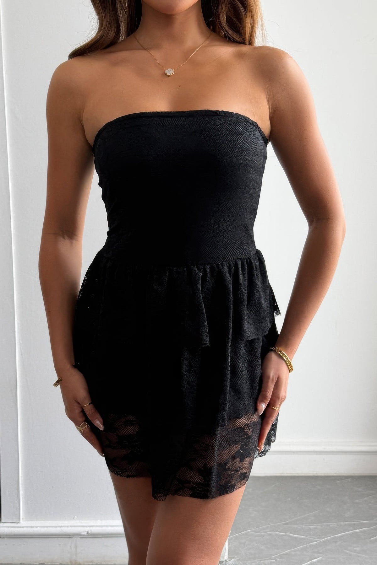 Nyx Off Shoulder Strapless Ruffle Lace Mini Dress — view 2