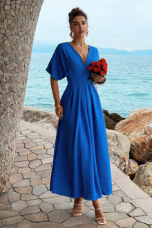 Juno Solid Pleated Batwing Sleeve A Line Full Dress — thumbnail 1