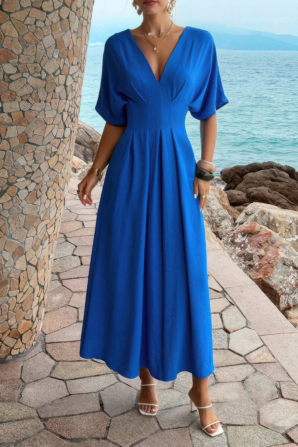 Juno Solid Pleated Batwing Sleeve A Line Full Dress — view 2
