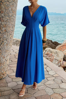 Juno Solid Pleated Batwing Sleeve A Line Full Dress — thumbnail 4