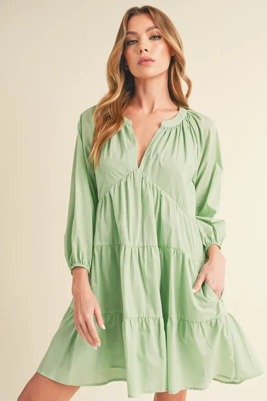 Pele Aemi + Co Notched Balloon Sleeve Tiered Mini Dress