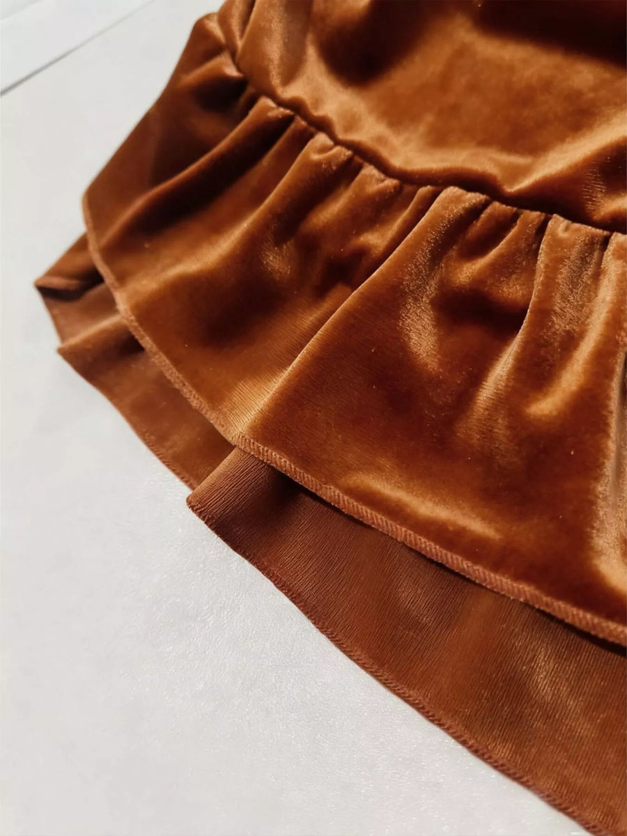 Aurora Ruffled Velvet Elastic Waist Skirt styled in the studio