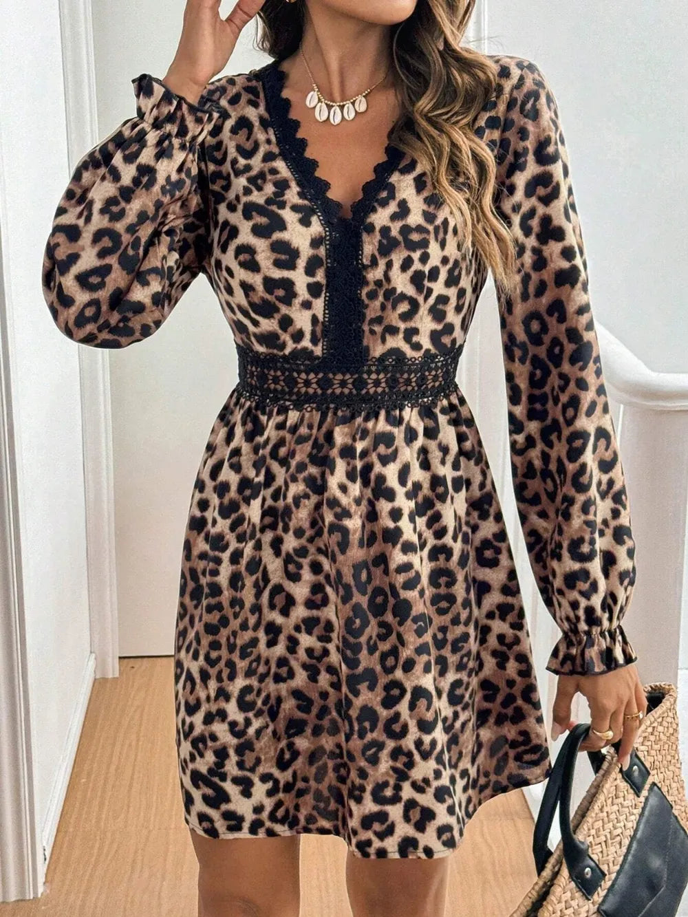 Morrigan Lace Detail Leopard Flounce Sleeve Mini Dress — view 6