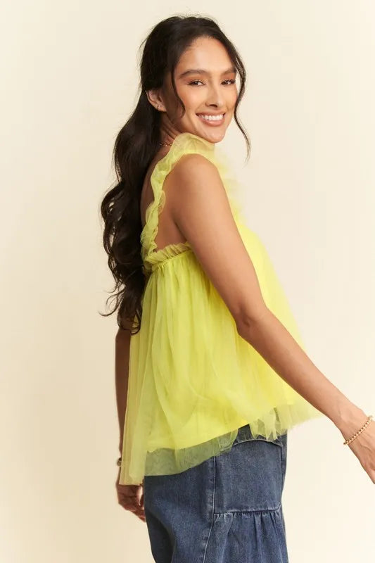Aphrodite Shirred Ruffle Strap Tulle Babydoll Top styled in the studio