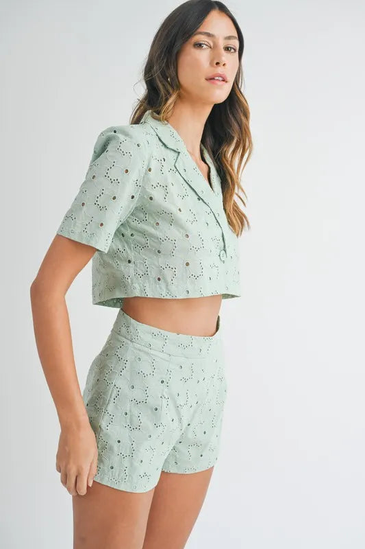 Brigid Eyelet Short Sleeve Crop Top and Shorts Set styled in the studio
