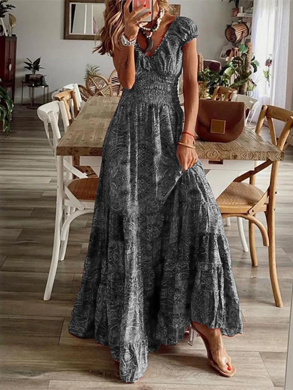 Pele Smocked Printed V-Neck Short Sleeve Dress — view 10