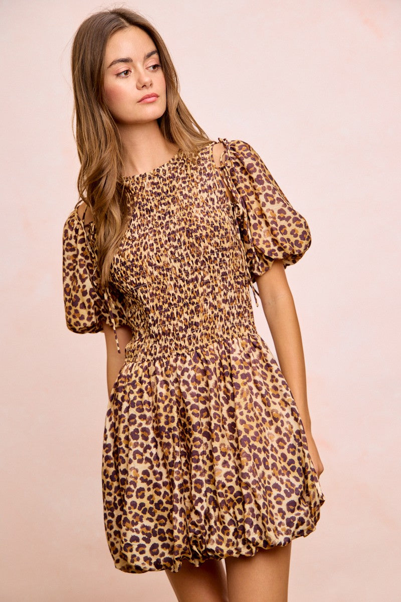 Fortuna Leopard Bow Tie Attachable Puff Sleeves Dress — view 11