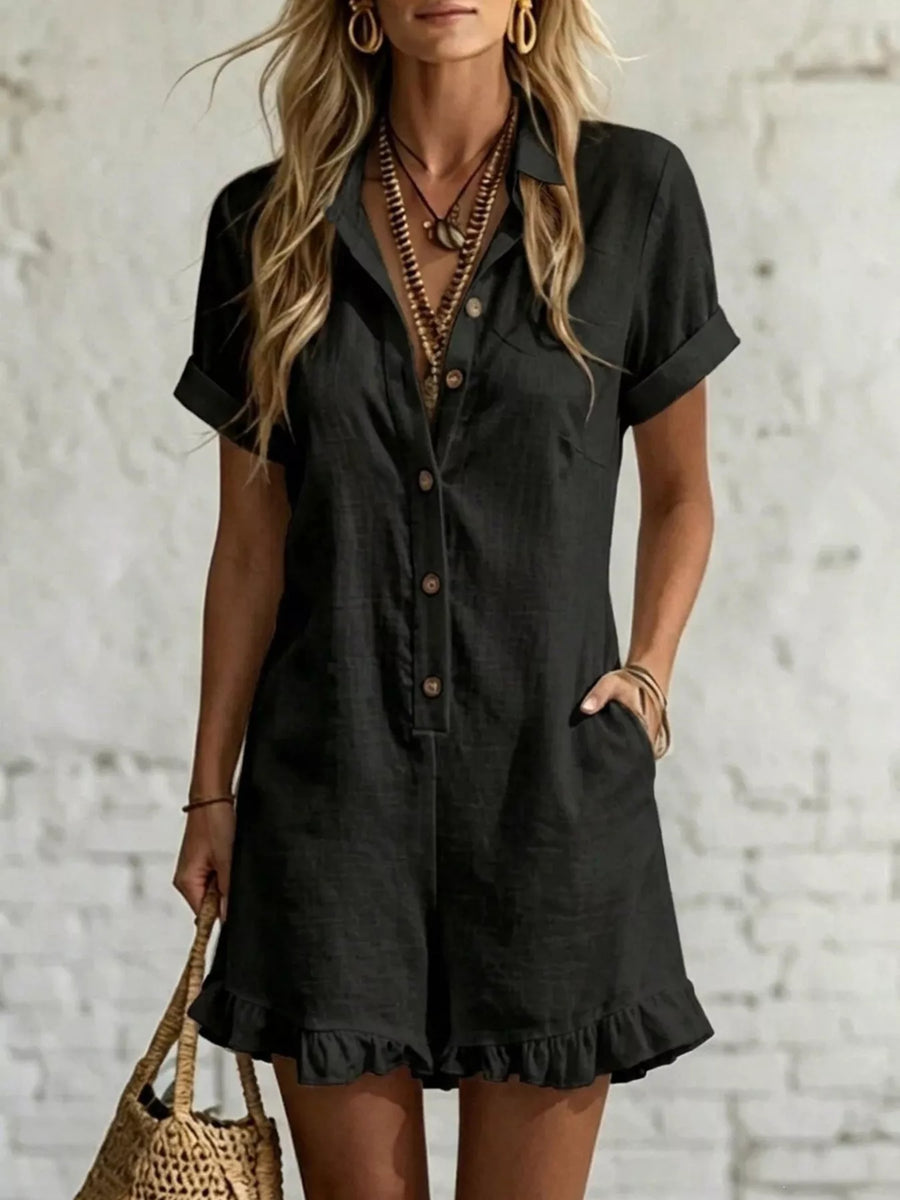 Demeter Button Front Ruffled Hem Romper styled in the studio