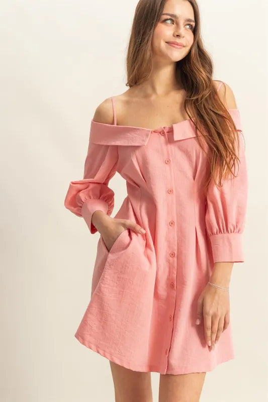 Pele Button Down Spaghetti Strap Mini Dress with Pockets
