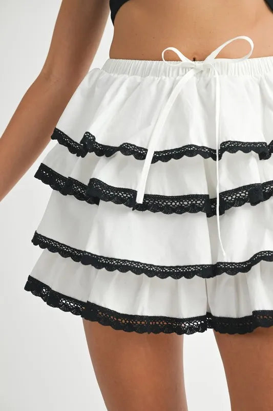 Aphrodite Poplin Ruffle Layered Contract Lace Trim Mini Skirt — view 8