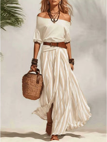 Isis Off Shoulder Top and Striped Maxi Skirt Set with Belt — thumbnail 7